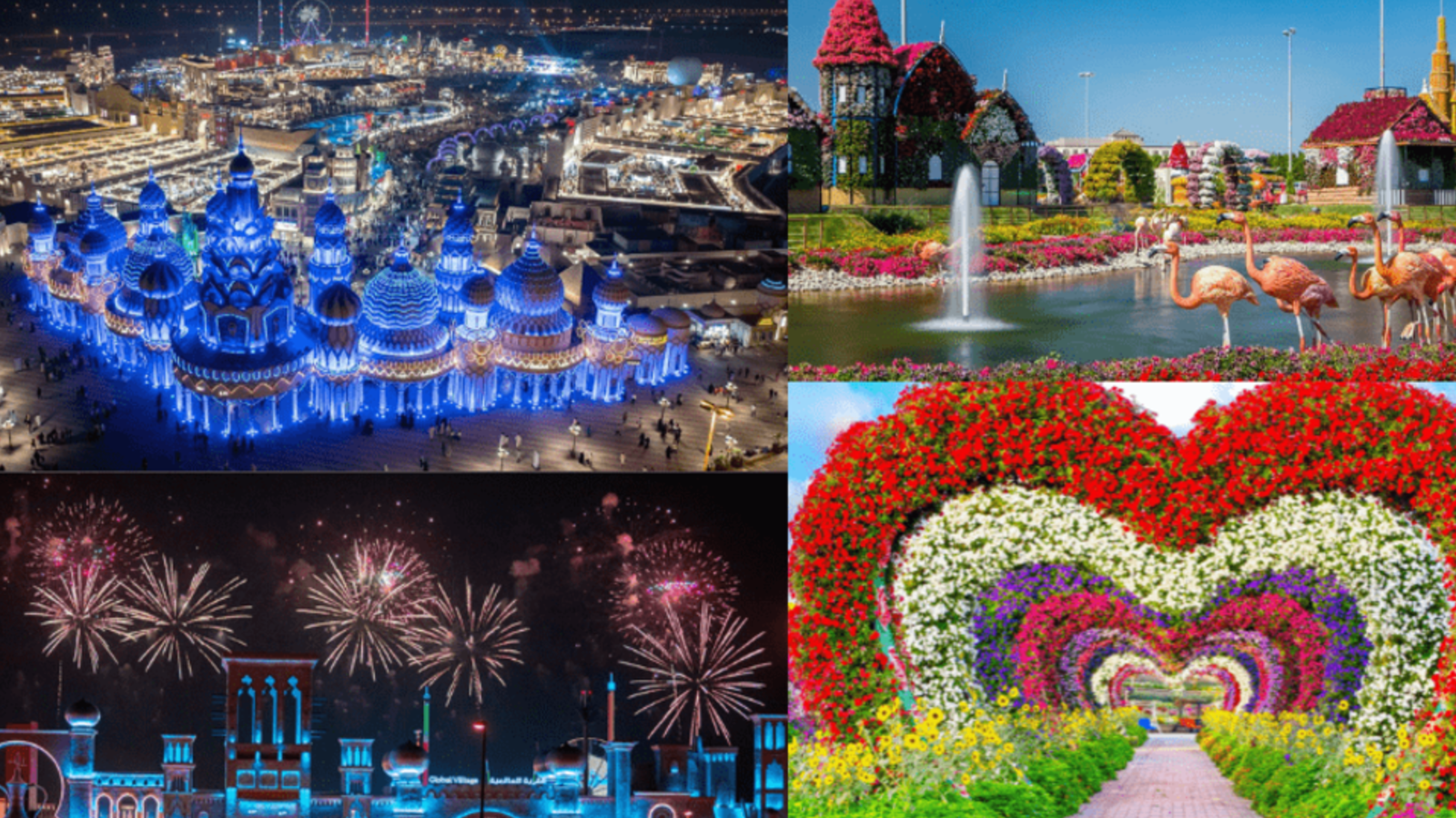 Spectacular light show with fireworks in the sky, Heart-shaped flower arrangement in a scenic garden